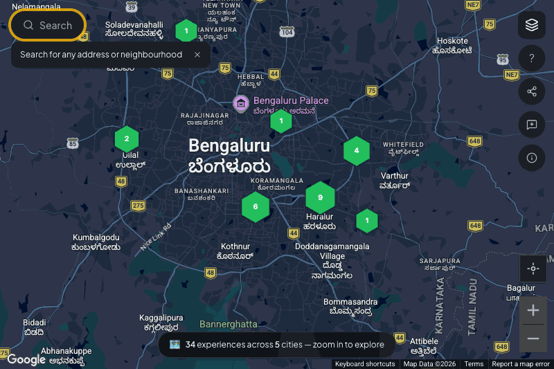 know.place search flow GIF: clicking the search bar, typing a neighbourhood, picking an autocomplete suggestion, and the map flying in to the area