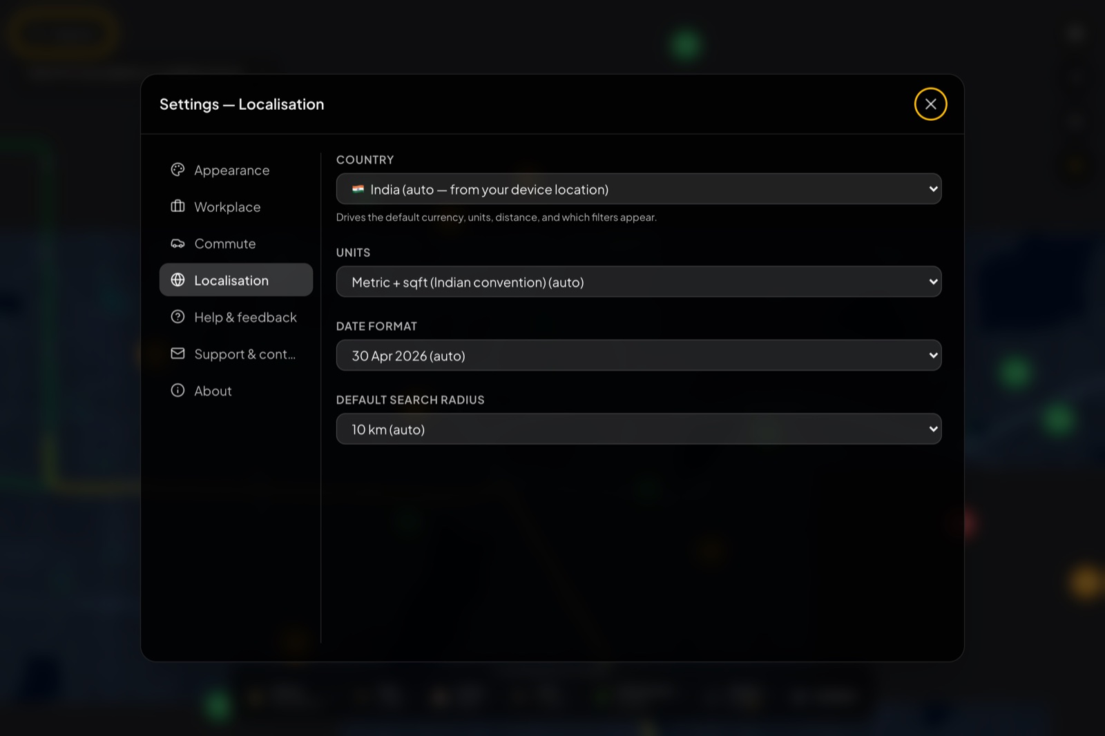 Settings, Localisation tab: Country, Units, Date format, and Default search radius, all auto-detected with manual overrides.
