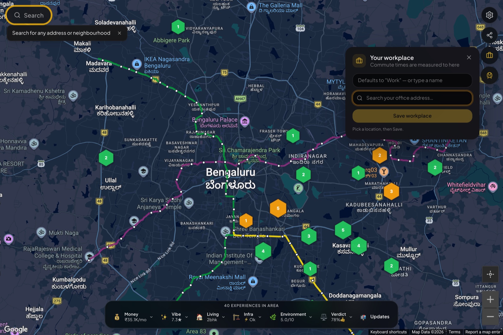 The “Your workplace” panel: a name field, an office-address search, and a Save button, over the map with metro lines drawn in.