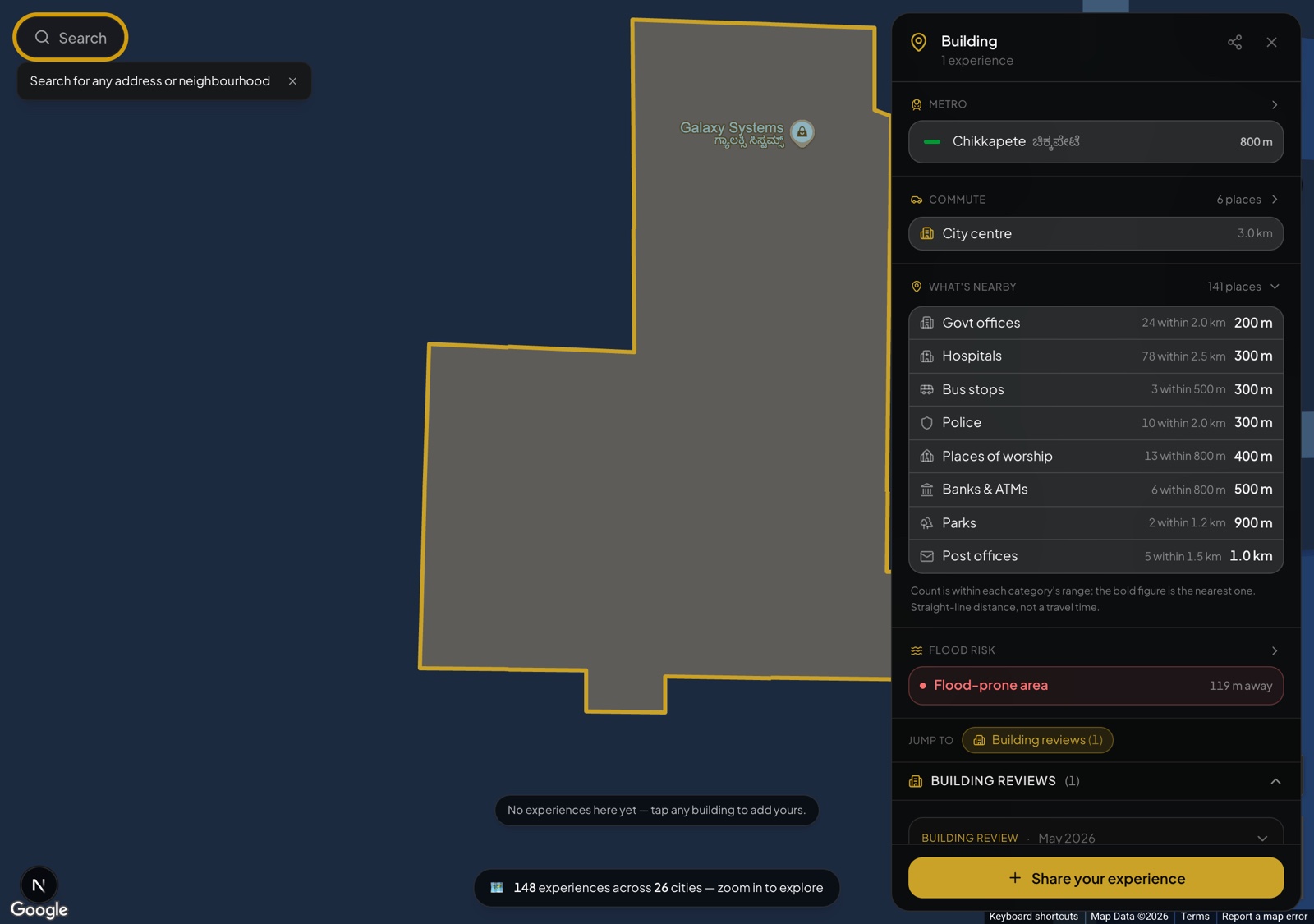know.place building panel: header, a Metro section with the nearest station, a Commute section, What’s nearby (expanded to show counts of hospitals, bus stops, police, banks and more), a Flood risk section, and building reviews.