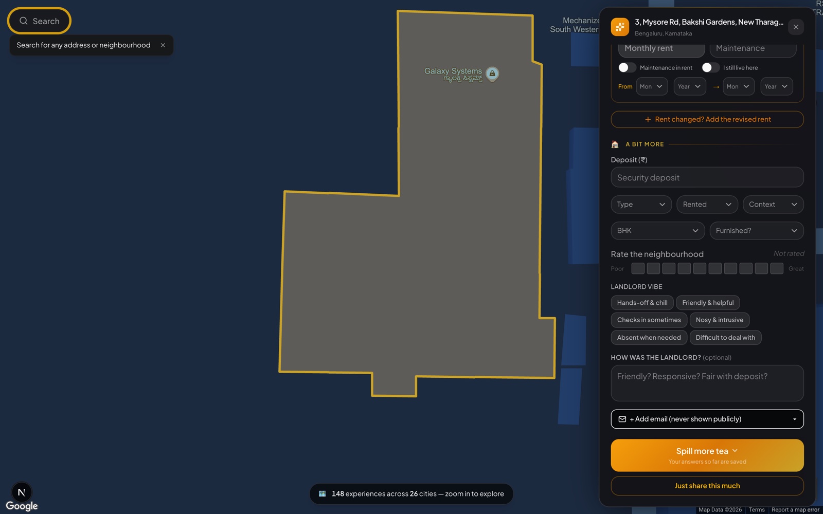 Lower half of the form: a neighbourhood rating, a landlord-vibe chip picker with an optional note, and a private email field.