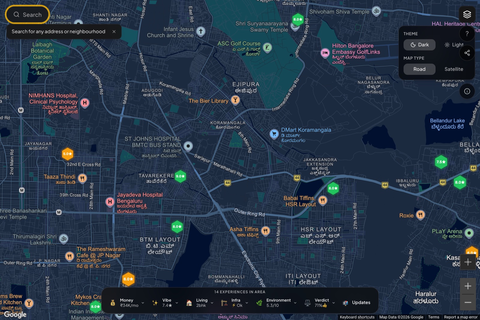 Map settings panel: Theme Dark/Light toggle, Map Type Road/Satellite, with the hero map in the background