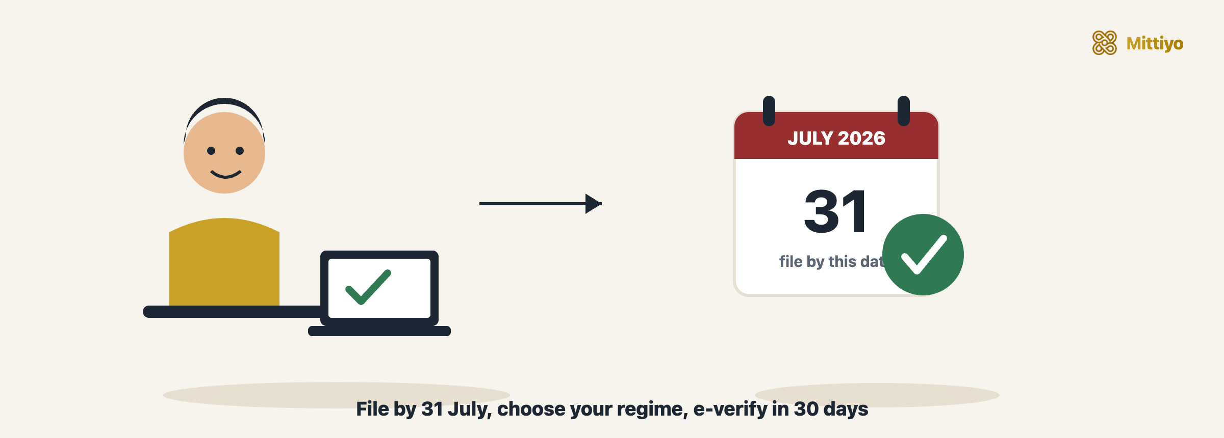 Cartoon: a salaried tenant filing their return on a laptop with a green tick, next to a July 2026 calendar marking the 31st and an e-verified stamp