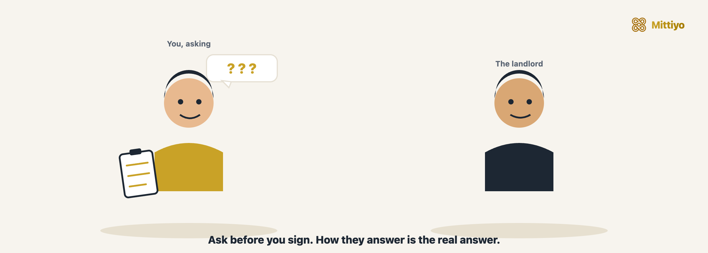 Cartoon: a renter with a checklist asking a landlord questions before signing, with a question-mark speech bubble