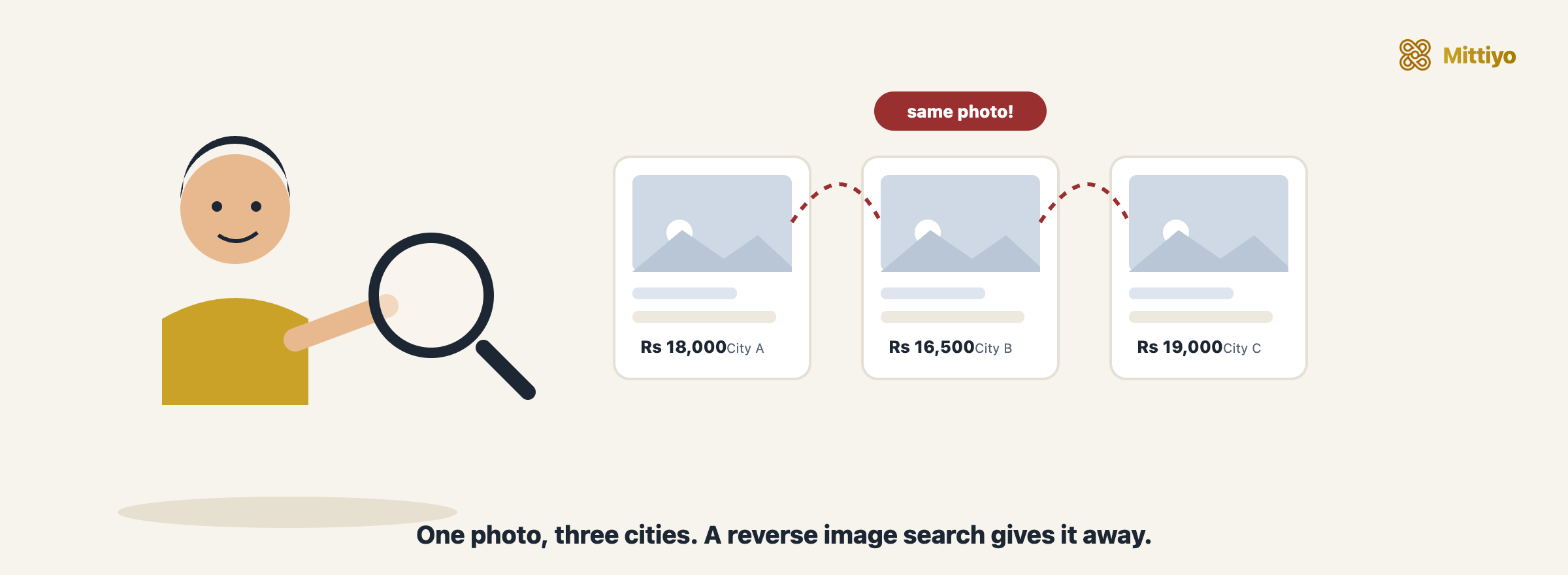 Cartoon: a fake listing built from a borrowed photo with someone else&rsquo;s watermark, while a renter with a magnifying glass spots that the same image is used elsewhere