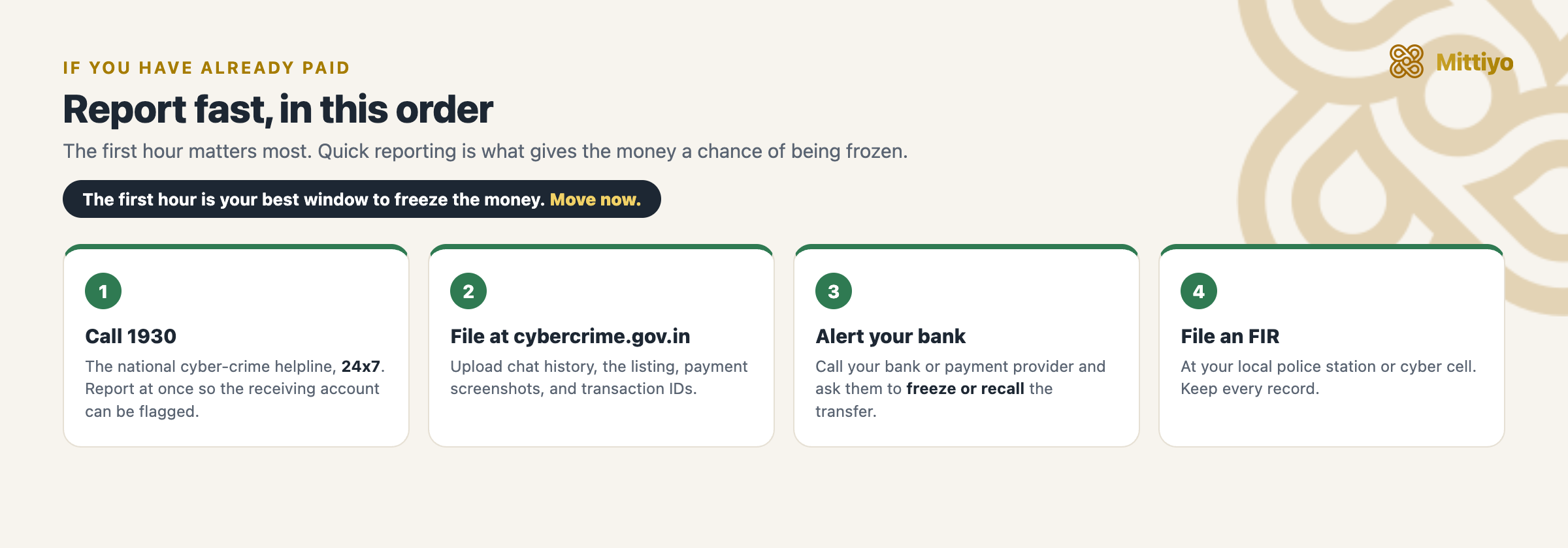 What to do if you already paid a fake landlord: call 1930 in the first hour, report on cybercrime.gov.in, tell your bank, file an FIR