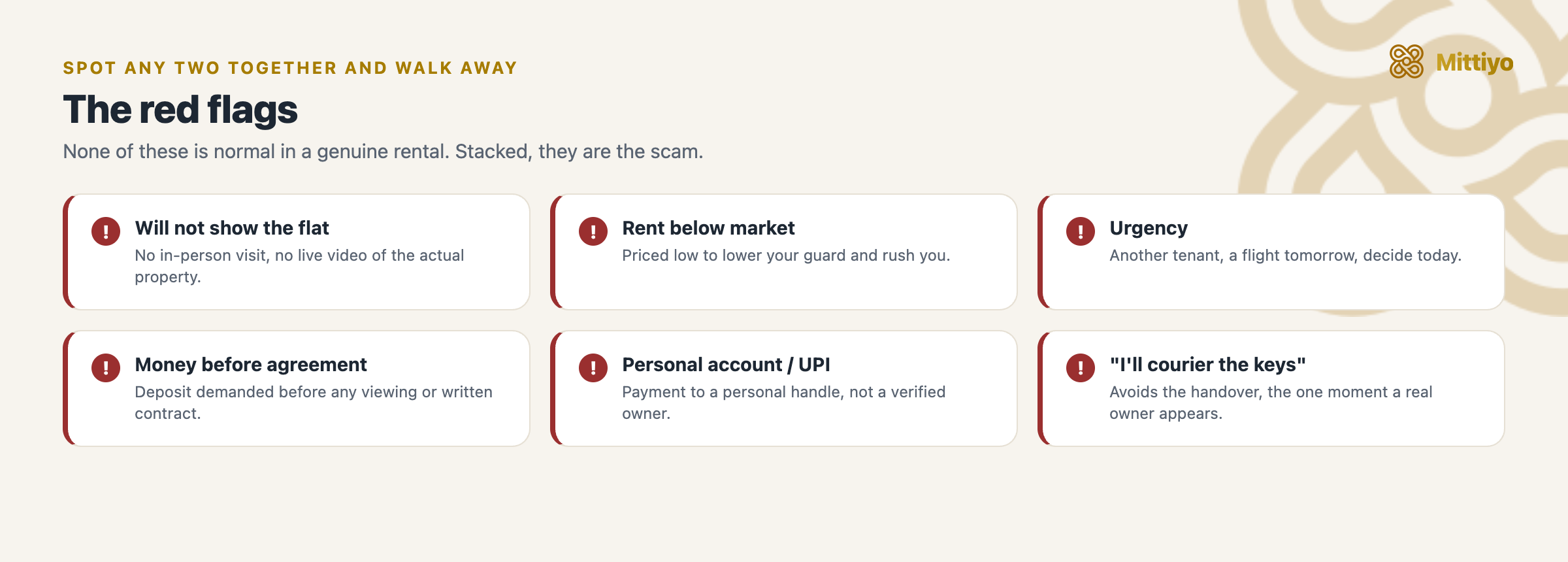 The red flags of the owner-abroad scam: no in-person viewing, below-market rent, urgency, pay before agreement, personal account, courier the keys