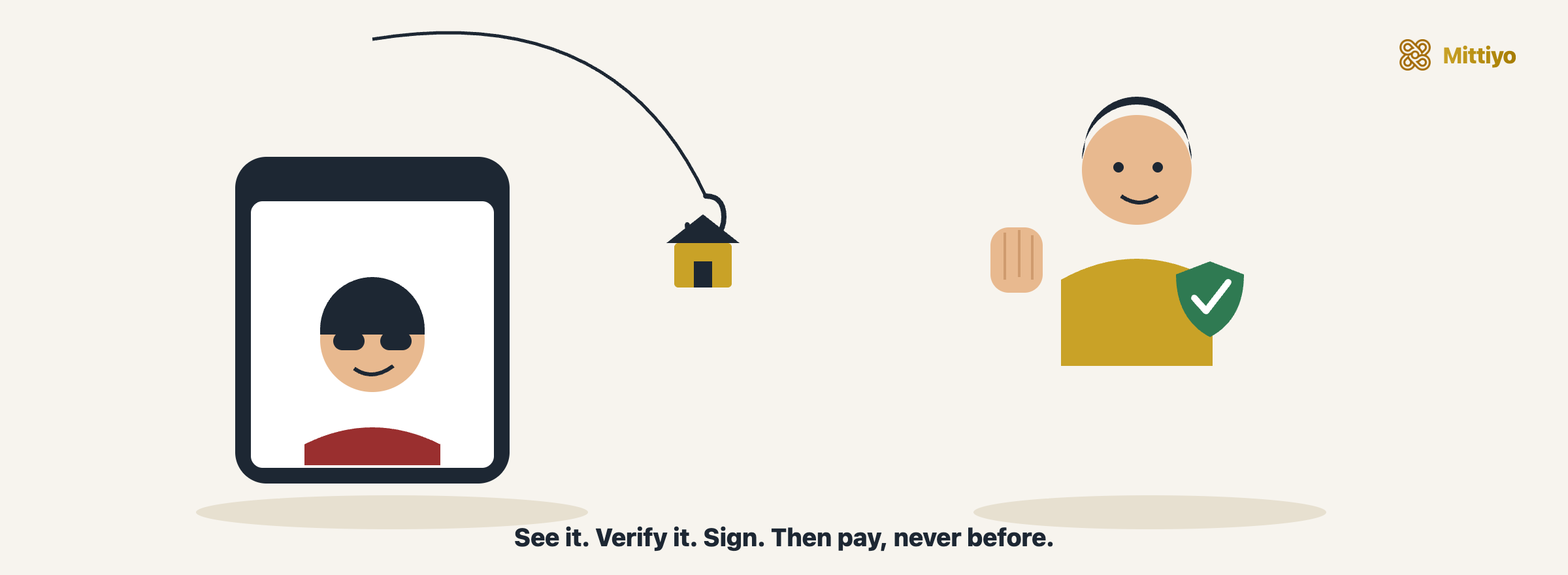 Cartoon: a scammer in a phone dangles a house on a fishing hook saying &ldquo;pay to block it&rdquo;, while a renter holds up a hand and a green shield, refusing to pay before verifying