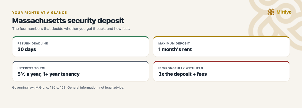 Massachusetts security deposit at a glance: return deadline, cap, interest, and the penalty for wrongful withholding