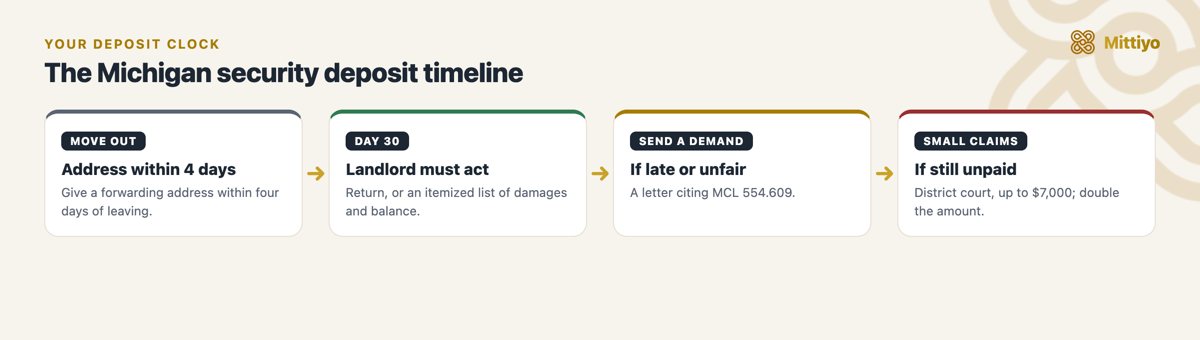 Security deposit timeline in Michigan: move out and give a forwarding address within 4 days, the 30-day clock, your demand letter, then small claims court