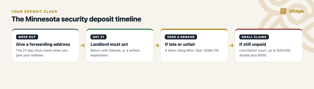 Security deposit timeline in Minnesota: move out and give a forwarding address, the 21-day clock, your demand letter, then conciliation court