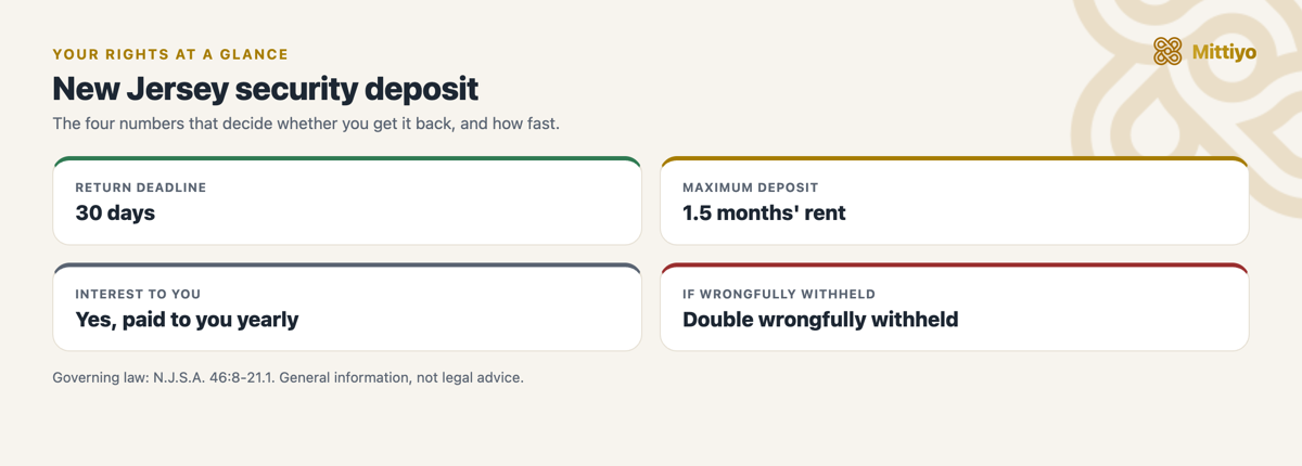 New Jersey security deposit at a glance: return deadline, cap, interest, and the penalty for wrongful withholding