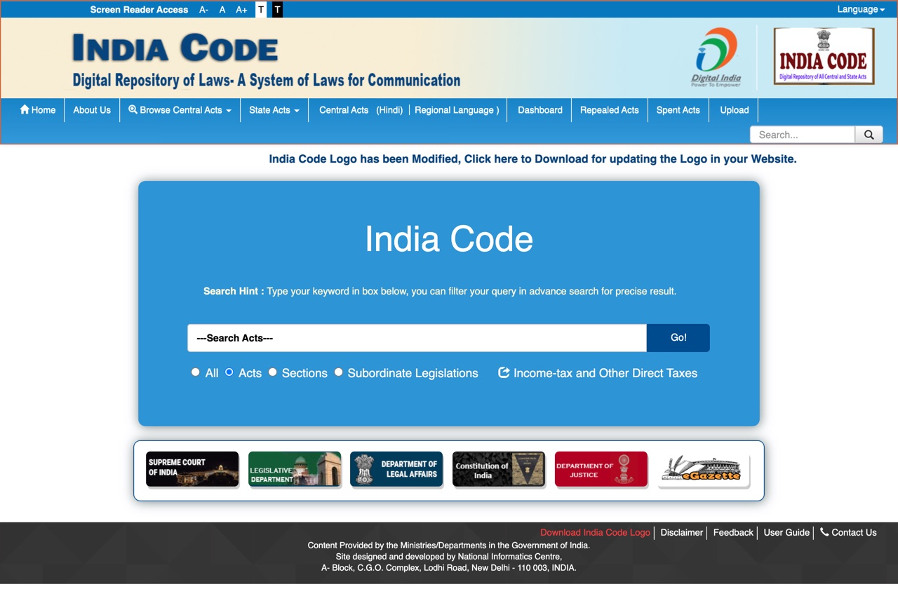 The India Code digital repository home page, the official source for central statutes