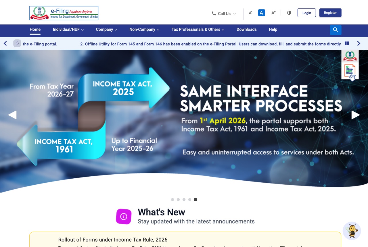 The Income Tax e-filing portal home page, with the menus used to reach e-Pay Tax and Form 26QC